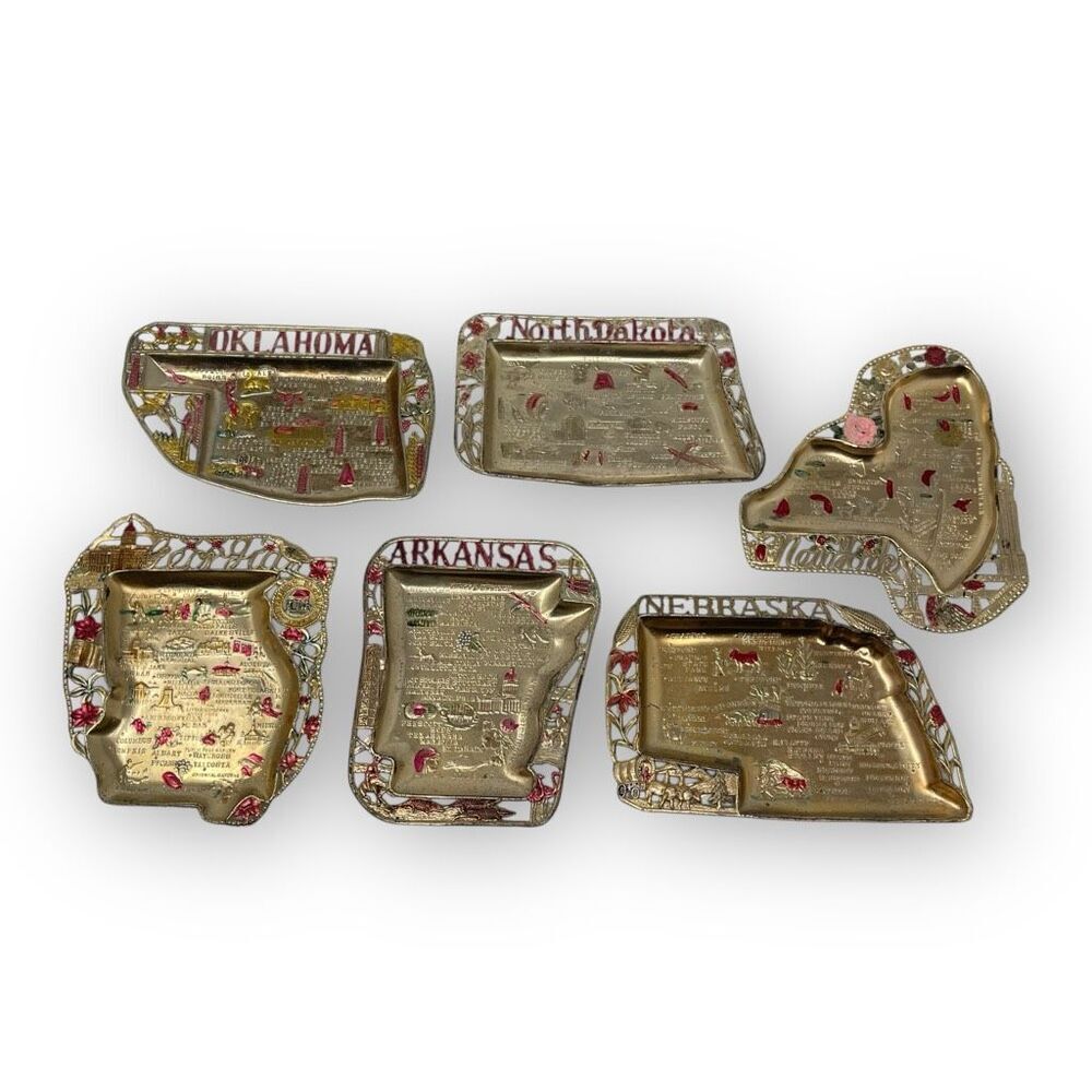 Vintage Metal Tin Souvenir Trinket Tray State States Lot of 6 Made in Japan